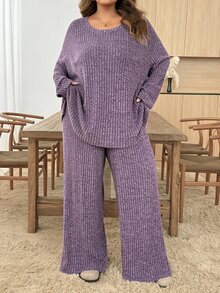 SHEIN CURVE+ 2pcs Plus Size Solid Color Ribbed Crew Neck Long Sleeve Top And Pants Set Fall - Purple - View 4