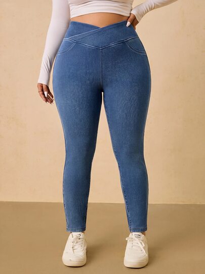 Elaquor Plus Size Women Asymmetrical Waist Casual Everyday Denim Jeans Fall
