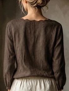 SHEIN Women's Casual Elegant Light Linen Color Round Neck Lace Trim Minimalist Commute Versatile Daily Blouse - Brown - View 2