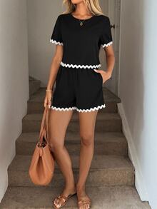 Easowa Casual Vacation Elegant Set Round Neck Short Sleeve Cropped Shirt And A-Line Shorts With Diagonal Pockets, Contrast Wave Trim, 100% Cotton - Black - View 8