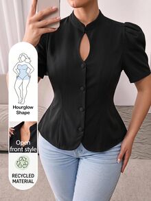 Hourglow Plus Size Women's Black Blouse, Stand Collar Keyhole Neck Short Puff Sleeve Waist-Defining Peplum Top - Black - View 1
