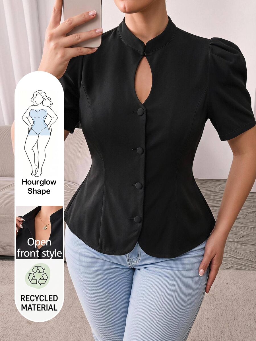 Hourglow Plus Size Women's Black Blouse, Stand Collar Keyhole Neck Short Puff Sleeve Waist-Defining Peplum Top - Black - View 1
