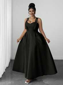 Maweii Fashionable Sexy Charming Metal Buckle Shirred Plus Size Cami Dress, Daily Fashion Dress, New Plus Size Dress - Black - View 3