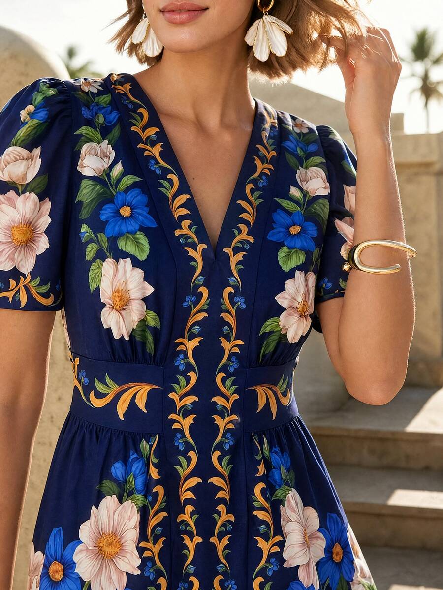 CAJUNI Summer Short Puff Sleeve Floral Dress - Blue - View 1