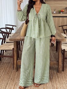 SHEIN LUNE Women's Autumn/Winter New Hot-Selling Plaid Print Pattern Casual Versatile Plus Size 2 Pieces Set - Multicolor - View 1