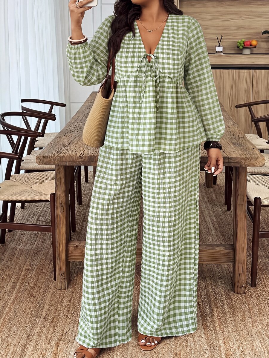 SHEIN LUNE Women's Autumn/Winter New Hot-Selling Plaid Print Pattern Casual Versatile Plus Size 2 Pieces Set - Multicolor - View 1