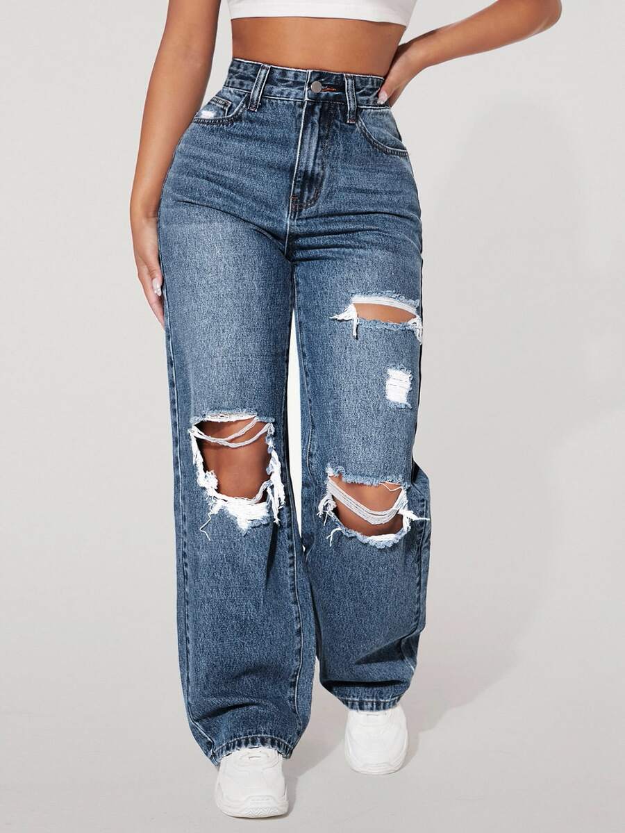 Jeanoix Plus Size Fashion Button Pocket Distressed Sexy Denim Jeans - Dark Wash - View 1