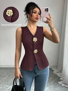 Elenzga Women's V-Neck Fitted Tank Top With Gold Rose Button Decoration On Front - Burgundy - View 1