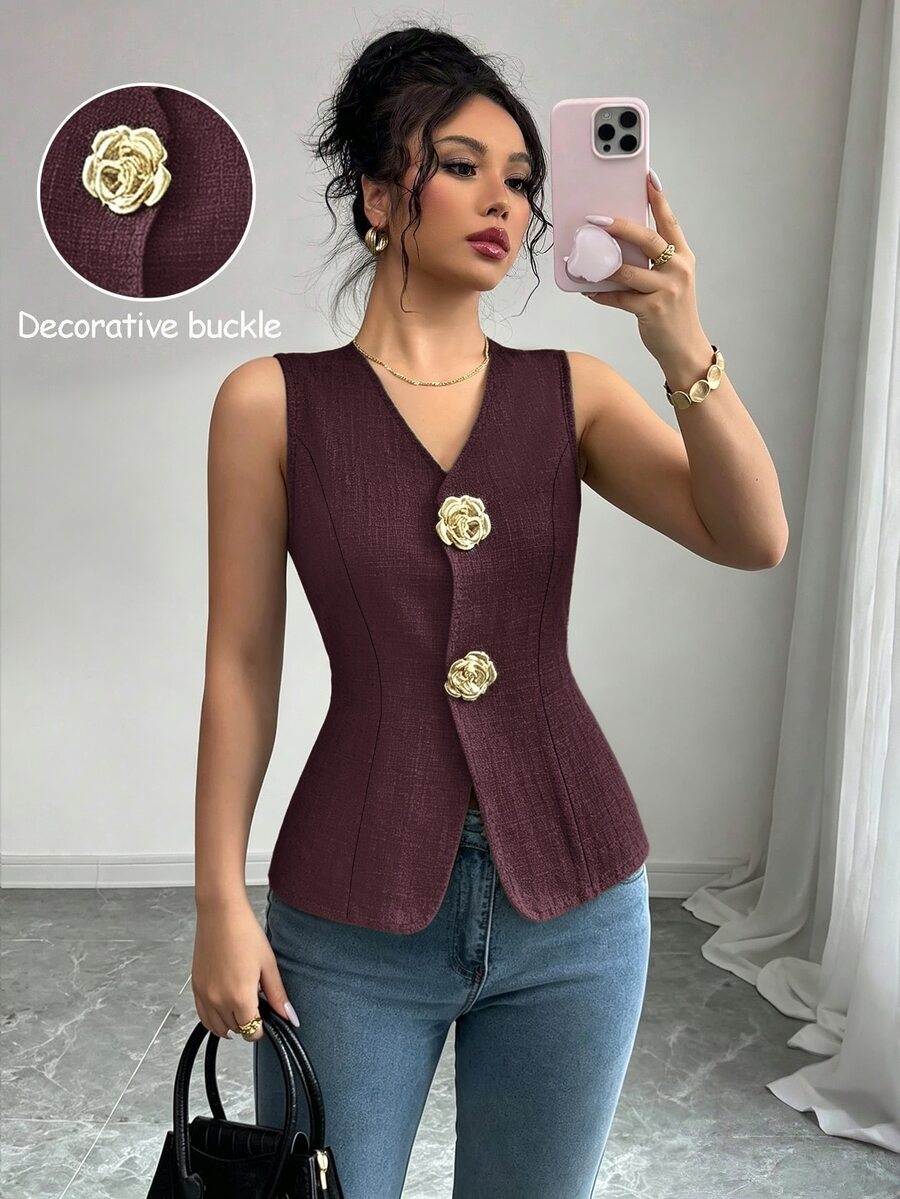 Elenzga Women's V-Neck Fitted Tank Top With Gold Rose Button Decoration On Front - Burgundy - View 1