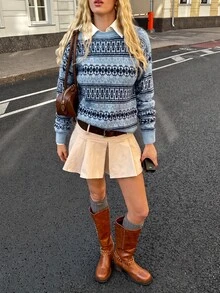 SHEIN EZwear 女款幾何圖案圓領長袖休閒復古毛衣 旅行海軍藍秋季 - 藍色 - 查看 8