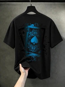 Manfinity Homme Kaos oblong pria ukuran besar dengan motif kartu poker. - Hitam - View 4