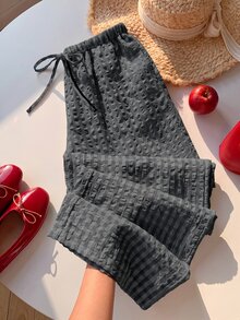 SHEIN EZwear 大尺碼女款春夏格紋抽繩腰口袋長褲 - 黑色 - 查看 11