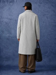 PAVTROS Manfinity Hypemod Men's Solid Long Overcoat, Minimalist Loose Casual Youth Lapel Outerweare - Grey - View 2