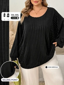 SHEIN CURVE+ Plus Size Women's Ribbed Long Sleeve Pullover, Autumn Casual Sweatshirt Fall - Black - View 7