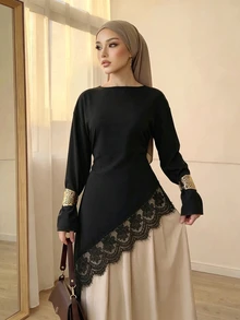 Celisse Atasan Wanita Lengan Panjang Model Longgar dengan Hem Asimetris dan Hiasan Renda, Model Baru untuk Awal Musim Gugur - Hitam - View 5