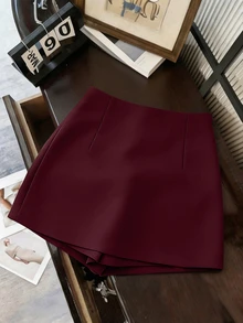 SHEIN Franclia 時尚休閒通勤百搭丹寧效果印花紋理軟面料高腰開衩女款短褲/裙/寬腿褲/熱褲 - 酒紅色 - 查看 2