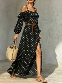 SHEIN Holidaya 女款法式波點印花露肩前開衩洋裝 - 彩色 - 查看 4