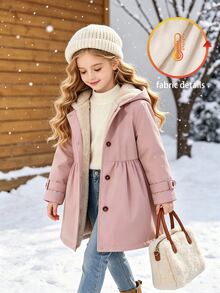 Tween Girl Pink Double-Breasted Hooded Thermal-Lined Jacket, Mid-Waist Ruched A-Line Long Sleeve, Suitable For Daily Casual And Vacation Wear - Baby Pink - View 4