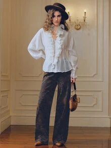 Anewsta Women's New Fashion Casual Flocked Jacquard Coffee Brown Jeans Straight Leg Pants - Coffee Brown - View 4