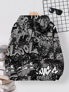 SHEIN 青少年男孩休閒簡約寬鬆圓領長袖舒適衛衣，適合秋冬，經典酷黑白嘻哈塗鴉圖案印花，適合街頭穿搭 - 彩色 - 查看 2