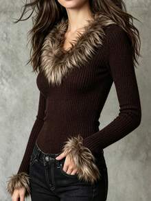 LUMIGAL Women's Fuzzy Patchwork Fitted Versatile Daily Casual Long Sleeve Sweater - Brown - View 4