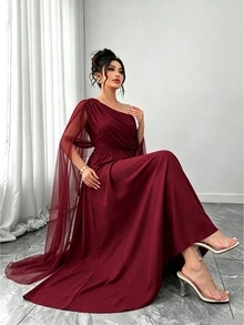 Elenzga French Vintage Elegant Fashion Casual Asymmetrical Shoulder Neckline Ribbon Burgundy Dress - Burgundy - View 7