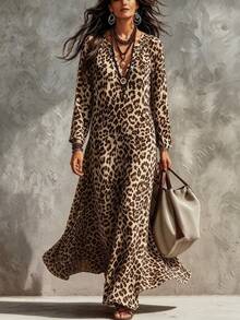 Trelyra Gaun Kasual Longgar Wanita Lengan Panjang Leher V Motif Leopard, Musim Gugur - Khaki - View 2