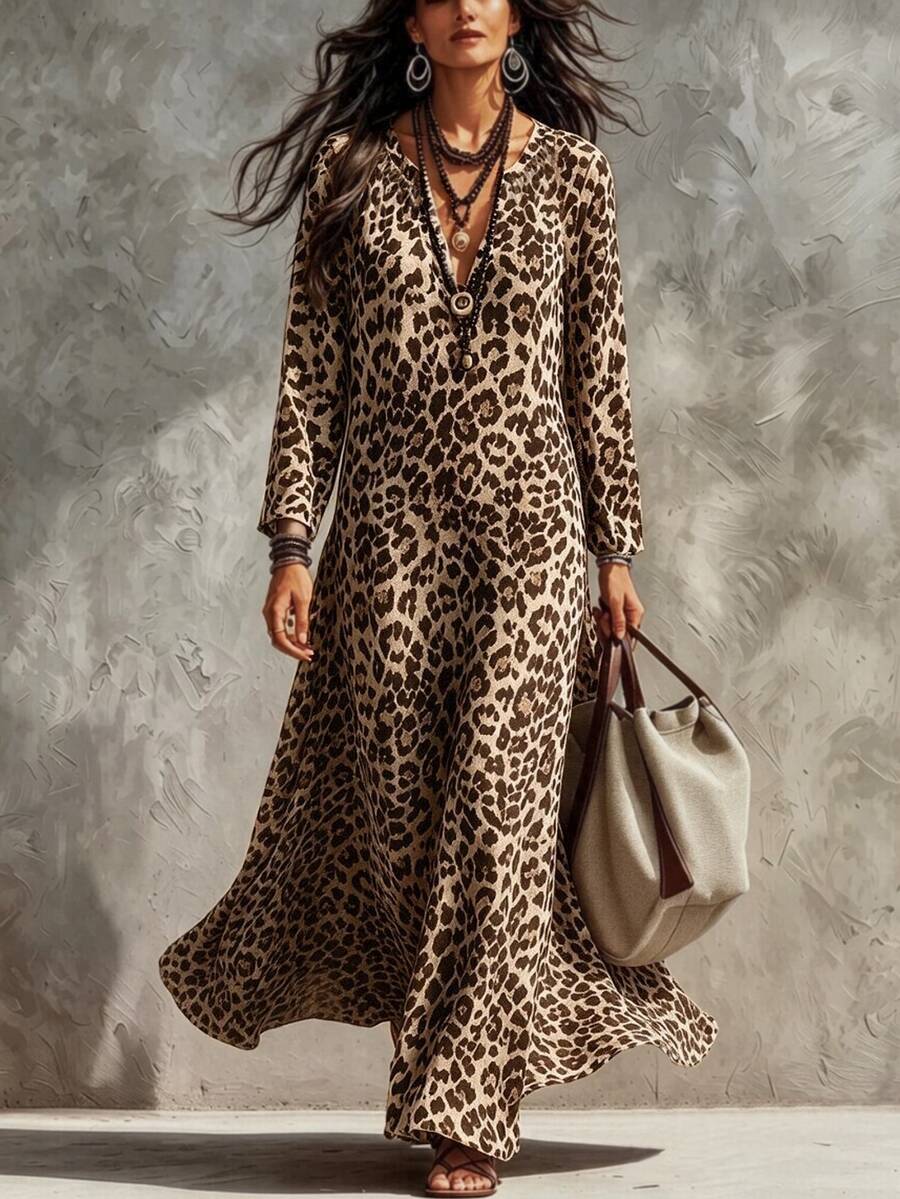 Trelyra Gaun Kasual Longgar Wanita Lengan Panjang Leher V Motif Leopard, Musim Gugur