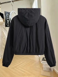 SHEIN Teen Girls Casual Fashion Woven Crinkled Fabric Hooded Short Jacket With Elastic Hem And Cuffs, Loose Fit Comfortable Design, Suitable For Spring, Summer, Autumn, Daily Commute, Outings, Gatherings, And Photo Shoots - Black - View 2