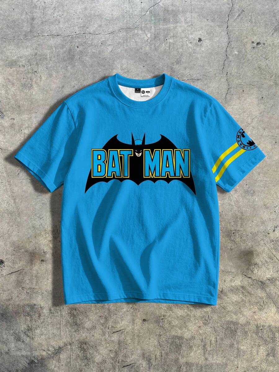 BATMAN X SHEIN Manfinity EMRG 經典展開蝙蝠翅膀大輪廓圖案男士休閒圓領短袖T恤 - 彩色 - 查看 1