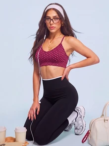 SHEIN Sovereign Charm 女款波點印花休閒細肩帶運動內衣 - 酒紅色 - 查看 5