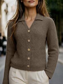SHEIN Women Polo Neck ButtonDown Heather Knit Cardigan, Versatile Long Sleeve Fall Winter Casual Commuter Coffee Brown Sweater Top - Mocha Brown - View 9
