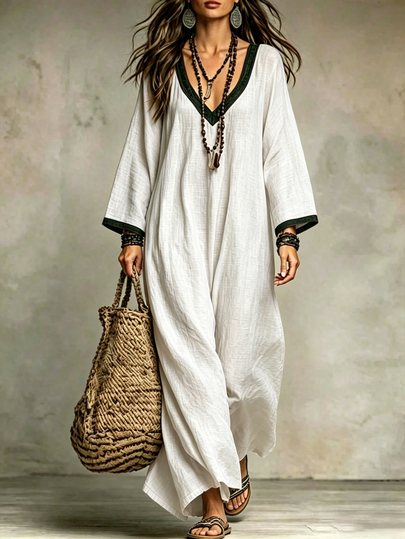 Breezaya Plus Size Women's Casual Home & Travel Bohemian Linen Textured Crinkled Loose Plus Size V-Neck Long Dress With 3/4 Flare Sleeves, Flattering Slimming