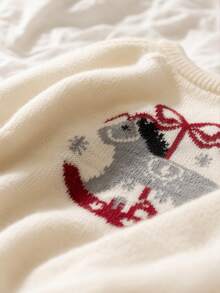 SHEIN Vintaside Kids Toddler Playful Carousel Bow Snowflake Jacquard Round Neck Raglan Sleeve Pullover Knit Sweater - White - View 3