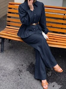 Solavon Women's Button-Up Pleated Long Sleeve Shirt And Loose Long Pants 2 Pieces Set - Navy Blue - View 8