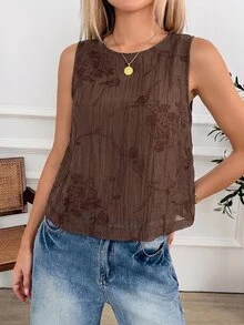 Easowa Spring/Summer Brown Floral Embroidered Sleeveless Round Neck Women's Blouse, Back Button, Casual 70s Boho Vacation, Music Festival, Brunch - Mocha Brown - View 5