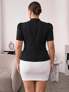 Hourglow Plus Size Women's Black Blouse, Stand Collar Keyhole Neck Short Puff Sleeve Waist-Defining Peplum Top - Black - View 2