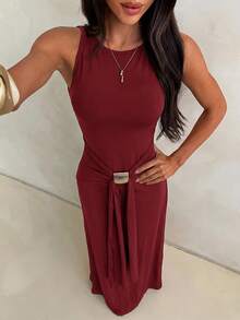 Aloruh 女款春夏度假新款棕色無袖貼身魚尾洋裝，適合街頭穿搭、日常穿著與通勤 - 紅色 - 查看 5