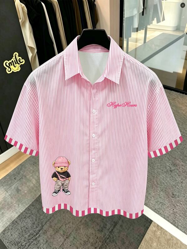 Men's Sweet Cool Style Pink & White Vertical Striped HypeHours Embroidered Backpack Bear Print Loose Fit Lapel Collar Shirt