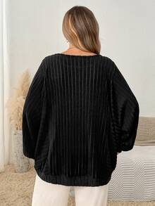 SHEIN CURVE+ Plus Size Women's Ribbed Long Sleeve Pullover, Autumn Casual Sweatshirt Fall - Black - View 2