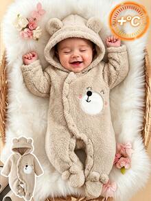 SHEIN Newborn Bear Hooded Footed Fuzzy Jumpsuit Cartoon Embroidery For Baby Shower Outdoor Photo Shoot - Khaki - View 1