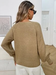 Elyressa French Gentle Soft Round Neck Khaki Single-Breasted Lace Trim Design Raglan Lantern Puff Long Sleeve Sweet Style Versatile Cardigan Sweater Jacket Women's Autumn/Winter Outfit - Khaki - View 2