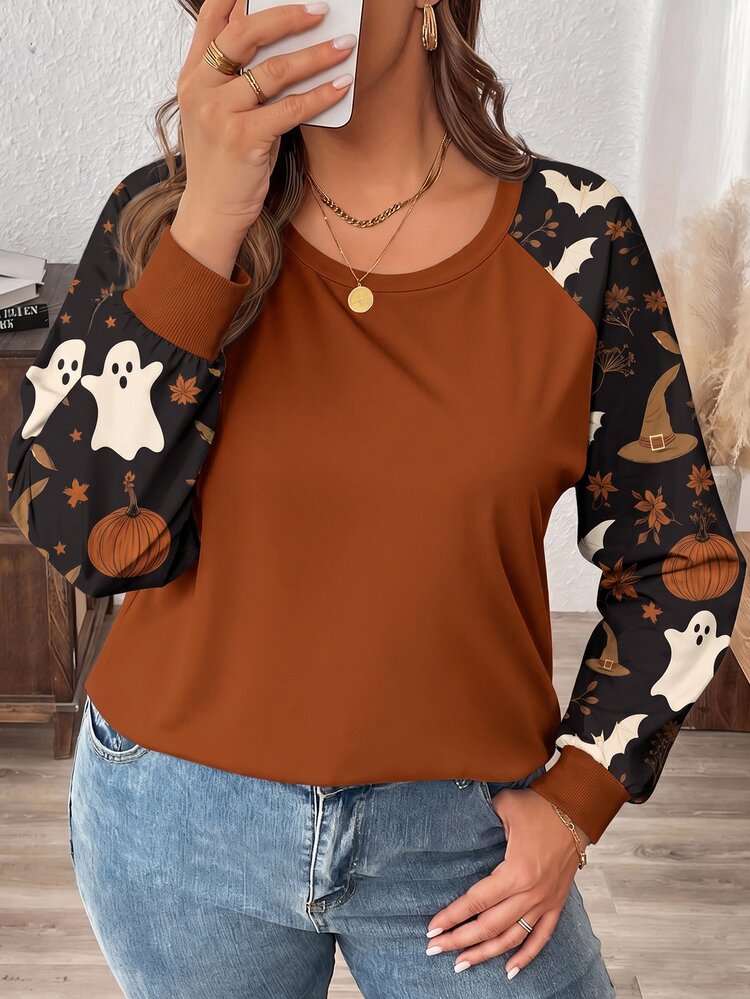 Comfylo Maple Leaf Pumpkin Floral Print Plus Size Women Casual Raglan Sleeve Round Neck Loose Fit T-Shirt Suitable For Spring Autumn Festival Party Wear - Multicolor - View 5