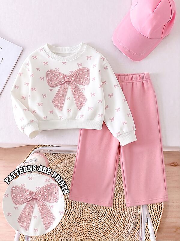 2pcs Young Girls Casual Fashion Sweet Cute Bow Pattern Printed Crew Neck Long Sleeve Fleece Sweatshirt Pullover And Matching Wide Leg Sweatpants Set, Suitable For Autumn/Winter Wear