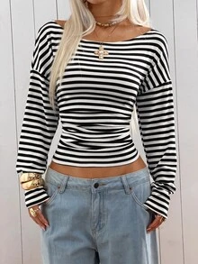 SHEIN EZwear 女款條紋長袖休閒針織露肩修身T恤 - 黑與白 - 查看 4