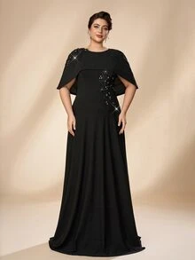 Serin Plus Size Elegant Romantic Glamorous Black Applique Design Shawl Fitted Patchwork Ruched A-Line Wedding Event Mother Dress Evening Party Ball Music Festival Formal Gown - Black - View 1