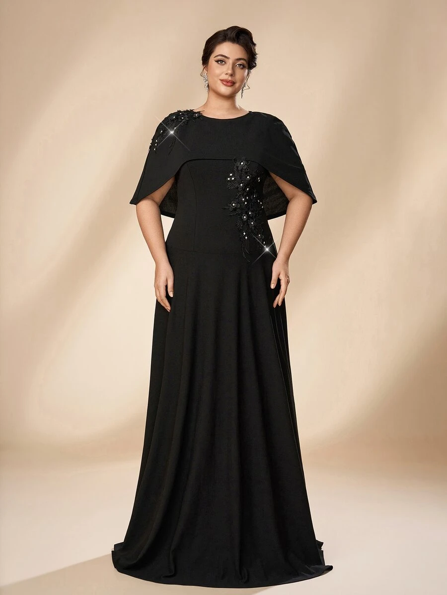 Serin Plus Size Elegant Romantic Glamorous Black Applique Design Shawl Fitted Patchwork Ruched A-Line Wedding Event Mother Dress Evening Party Ball Music Festival Formal Gown - Black - View 1