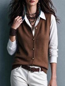 SHEIN Brown Round Neck Gold Button Sleeveless Vest Cardigan For Women , Loose Soft Flattering Layering Commuter Outerwear Going Out Tops Fashionable Tops - Brown - View 3