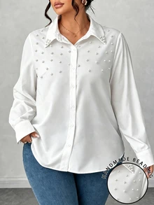 Elenzga Pearl Decorated Minimalist Casual Long Sleeve Versatile Fashion Plus Size Shirt - White - View 1