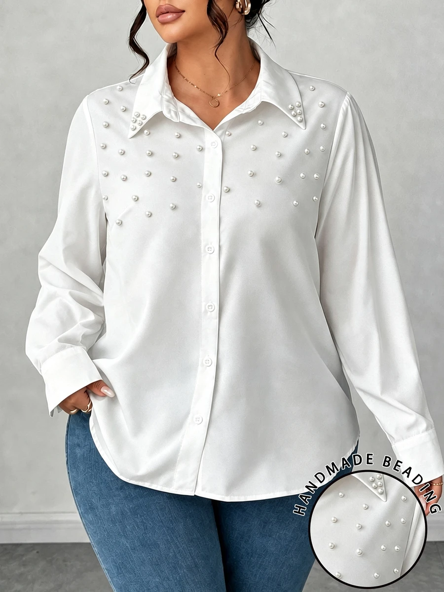 Elenzga Pearl Decorated Minimalist Casual Long Sleeve Versatile Fashion Plus Size Shirt - White - View 1